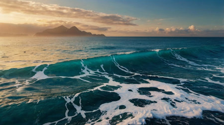 Aerial view of ocean waves at sunset. Beautiful seascapeの写真素材
