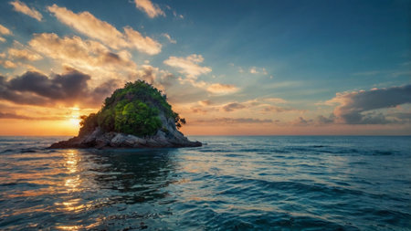 Tropical island in the sea at sunset. Panorama.