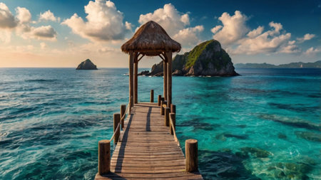 Beautiful seascape with wooden pier and tropical island at sunset