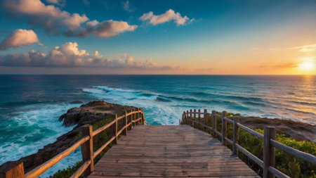 Wooden walkway leading to the ocean at sunset in Bali, Indonesiaの写真素材