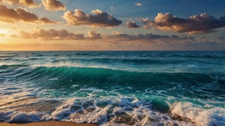 Beautiful seascape with waves on the beach at sunset.の写真素材