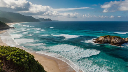 Aerial view of a beautiful sandy beach with white sand, turquoise water and blue sky with cloudsの写真素材