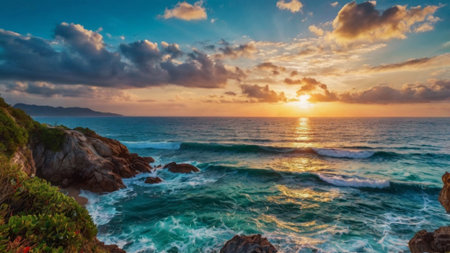 Panoramic view of beautiful sunset over the sea. Beautiful summer seascape.の写真素材