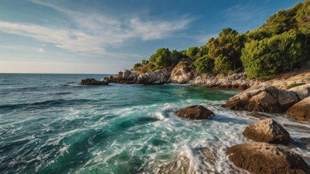 Beautiful panoramic seascape with turquoise sea water and rocks