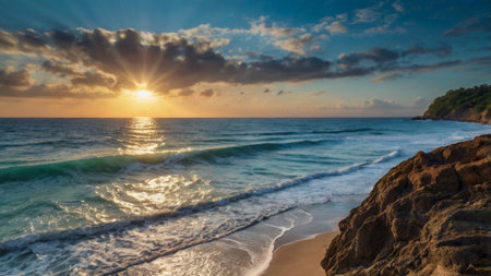 Beautiful sunset over the sea. Panorama of the sea and the beachの写真素材