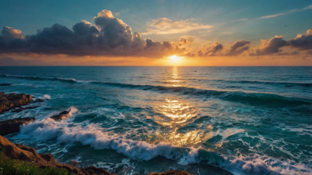 Beautiful sunset over the sea with waves and clouds in the skyの写真素材