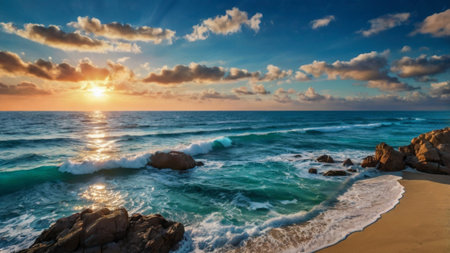 Beautiful sunset on the beach. Panoramic view of the sea.の写真素材