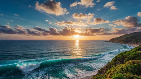 Panoramic aerial view of beautiful sunset over the Pacific Ocean in Californiaの写真素材