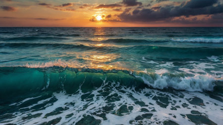 Beautiful sunset on the beach. The waves of the sea.の写真素材