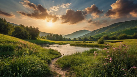 Sunset over a small river in the Carpathian mountains.の写真素材