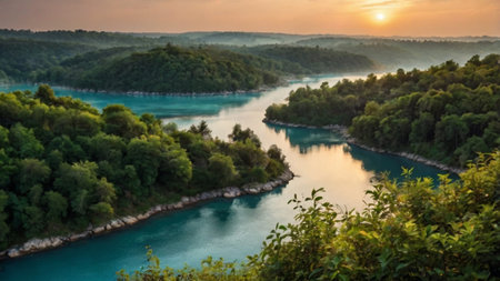 Panoramic view of the turquoise river and forest at sunset