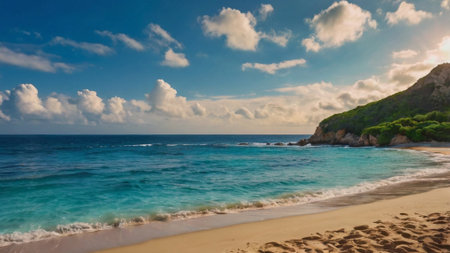Panorama of beautiful beach with turquoise water and blue skyの写真素材