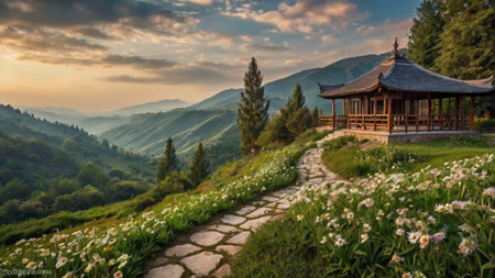 Panoramic view of a wooden gazebo in the mountainsの写真素材