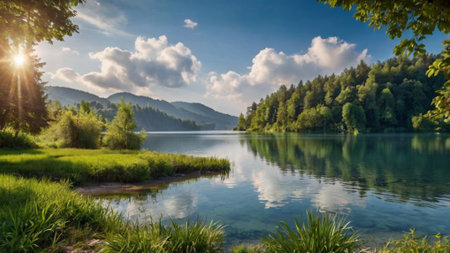 Panoramic view of Karagol (Black lake) in the Carpathian mountains, Ukraine.の写真素材