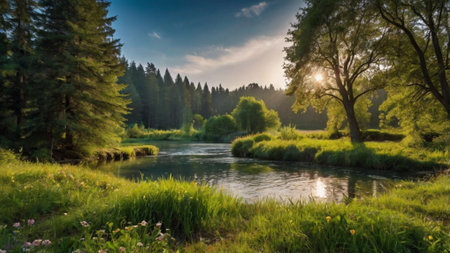 Sunset over a small river in the forest. Summer landscape.の写真素材