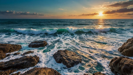 Beautiful sunset over the sea. Panoramic view of the sea and the rocks.の写真素材