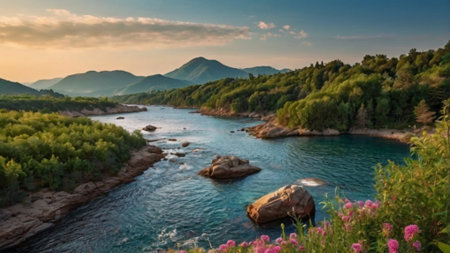 Beautiful panorama of a mountain river in the Crimea at sunset