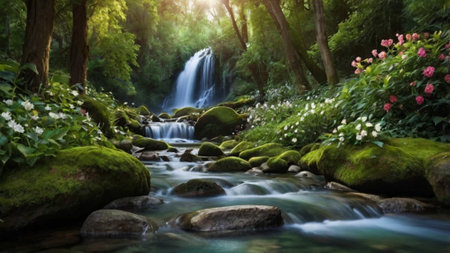 Beautiful waterfall in the green forest at sunset. Beautiful summer landscape.