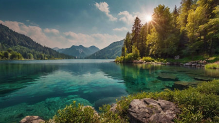 Panorama of the mountain lake in the Alps. Beautiful summer landscape.