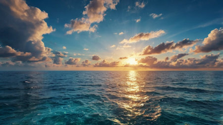 Beautiful seascape. Panoramic view of the sea at sunsetの写真素材