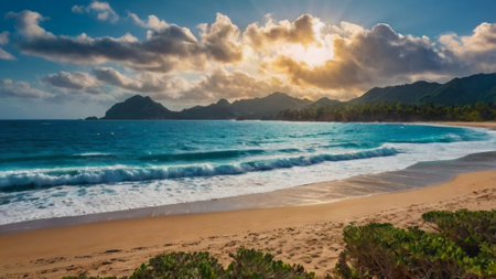 Panoramic view of beautiful Seychelles beach at sunsetの写真素材
