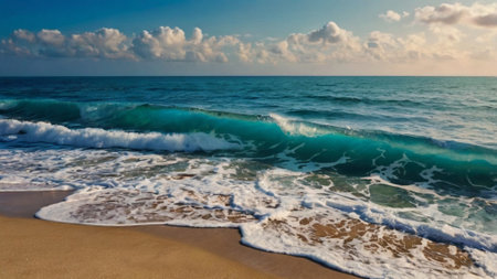 Beautiful seascape with waves breaking on the sandy beach.