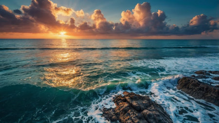 Beautiful sunset over the sea. Panoramic view of the sea and skyの写真素材