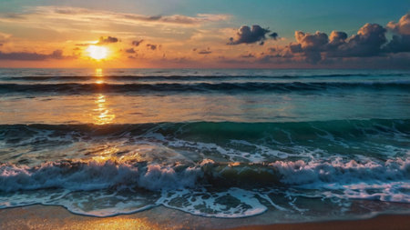 Beautiful sunset on the beach. Panoramic view of the sea.の写真素材