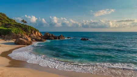 Panoramic view of tropical beach with turquoise water and rocks.の写真素材