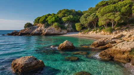 Panoramic view of Cala Fornells beach, Costa Brava, Catalonia, Spain