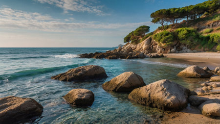 Panoramic view of the beach in Costa Brava, Catalonia, Spainの写真素材
