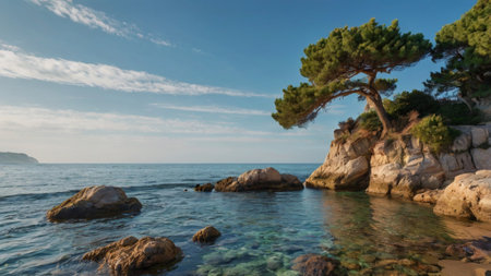 Pine tree on a rock in the Adriatic Sea, Croatiaの写真素材
