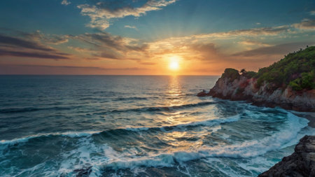 Sunset over the sea. Beautiful seascape. Panoramic view.の写真素材
