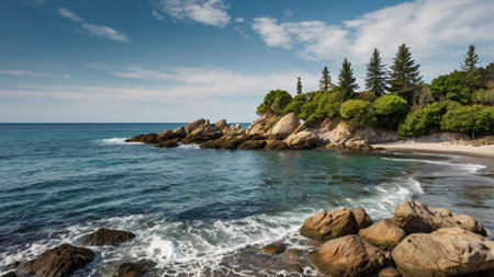 Panoramic view of the beach and the rocks, Costa Brava, Catalonia, Spain