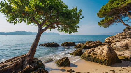 Beautiful sea landscape with pine tree on the beach in Montenegroの写真素材