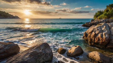 Tropical beach at sunset. Seascape with turquoise water and rocksの写真素材