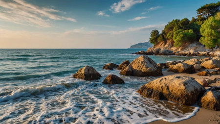 Beautiful seascape with rocks and sea waves at sunset.の写真素材