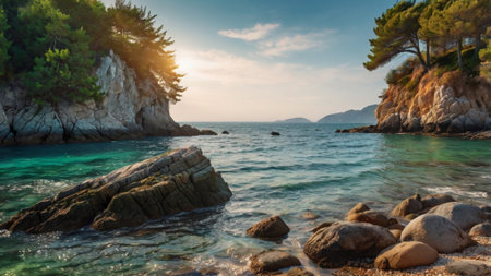 Beautiful seascape with turquoise sea and rocksの写真素材