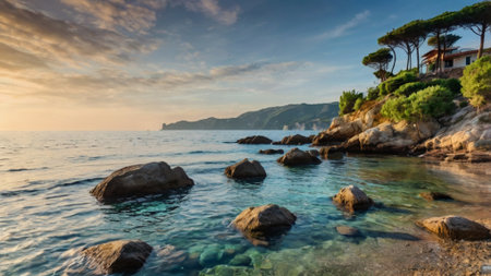 Panoramic view of the sea in Costa Paradiso, Sardiniaの写真素材