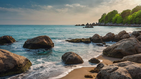 Panorama of beautiful tropical beach with big stones and turquoise water