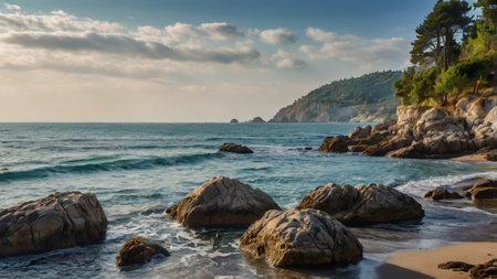 Panoramic view of the beach and rocks in Budva, Montenegro