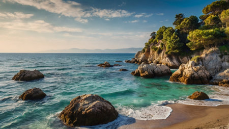 Beautiful seascape with turquoise water, rocks and pine trees at sunsetの写真素材