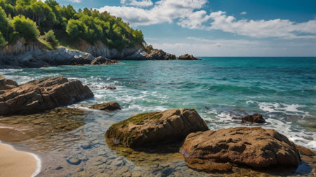 Panoramic view of a beautiful beach with rocks and turquoise waterの写真素材