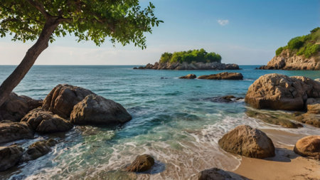 Beautiful seascape with rocks and green trees at sunny dayの写真素材