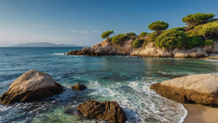 Beautiful seascape with green trees on the coast of Costa Brava, Catalonia, Spainの写真素材