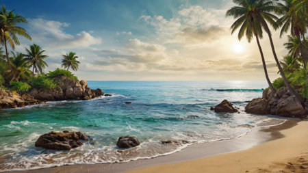 Tropical beach with palm trees at sunset, Seychellesの写真素材