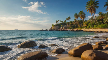 Tropical beach with palm trees and granite boulders