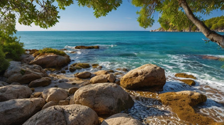 Beautiful seascape with rocks in the foreground and turquoise water in the backgroundの写真素材