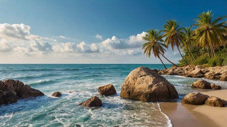 Tropical beach with palm trees and rocks in Sri Lanka.