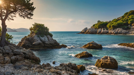 Beautiful seascape with rocky coast and pine trees